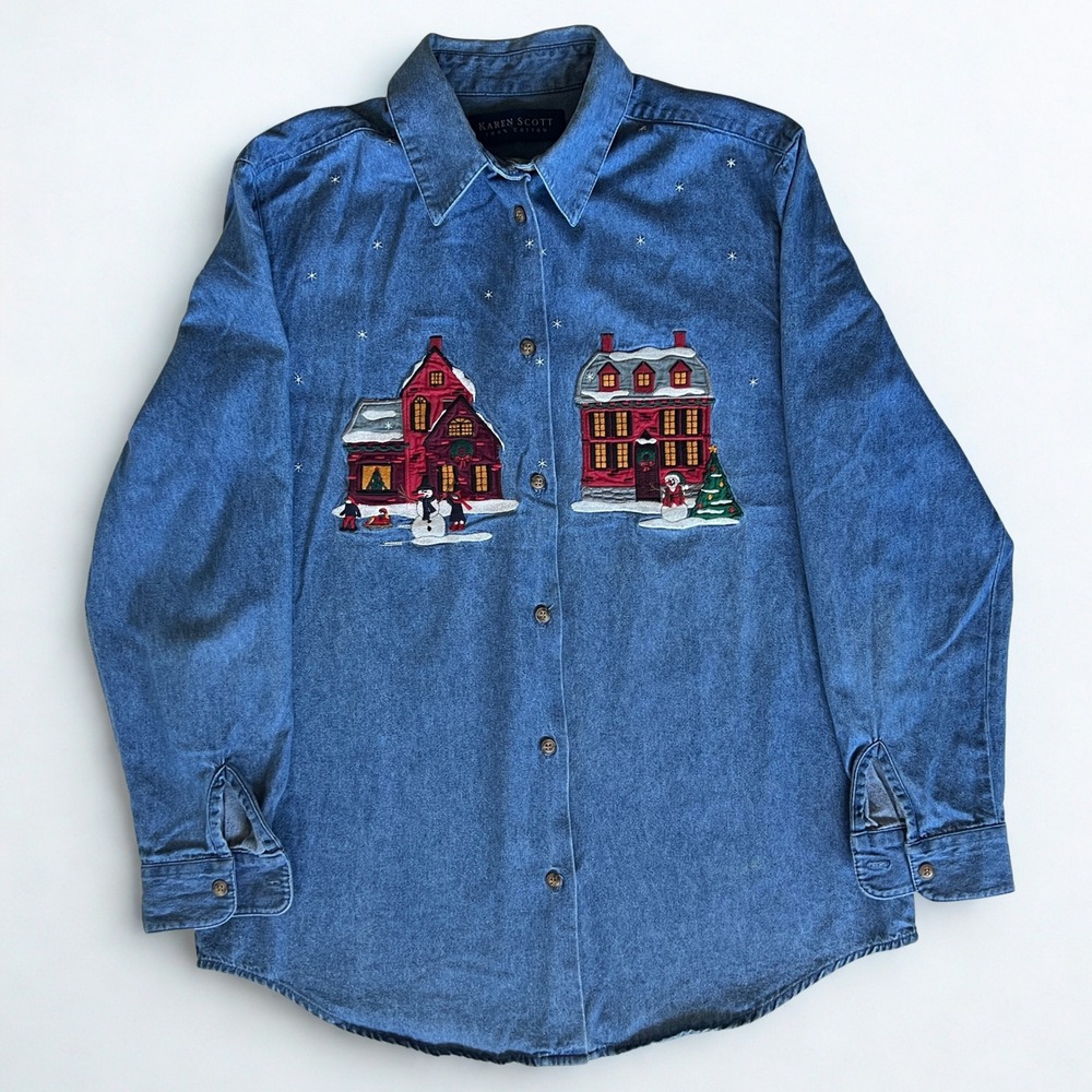 Karen Scott Christmas Village Embroidered Denim Shirt Womens S Holiday Top